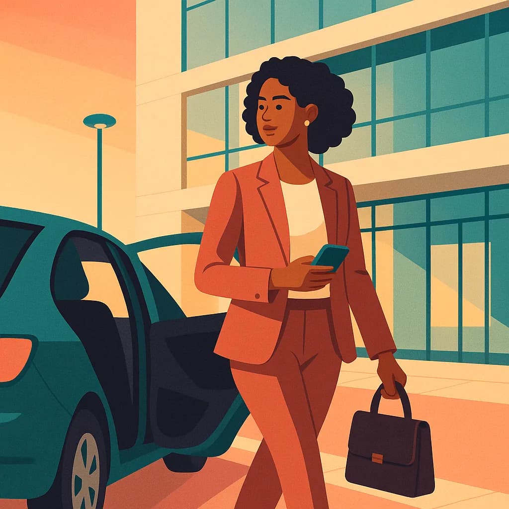 Ilustração de uma profissional saindo de um carro em frente a um prédio comercial