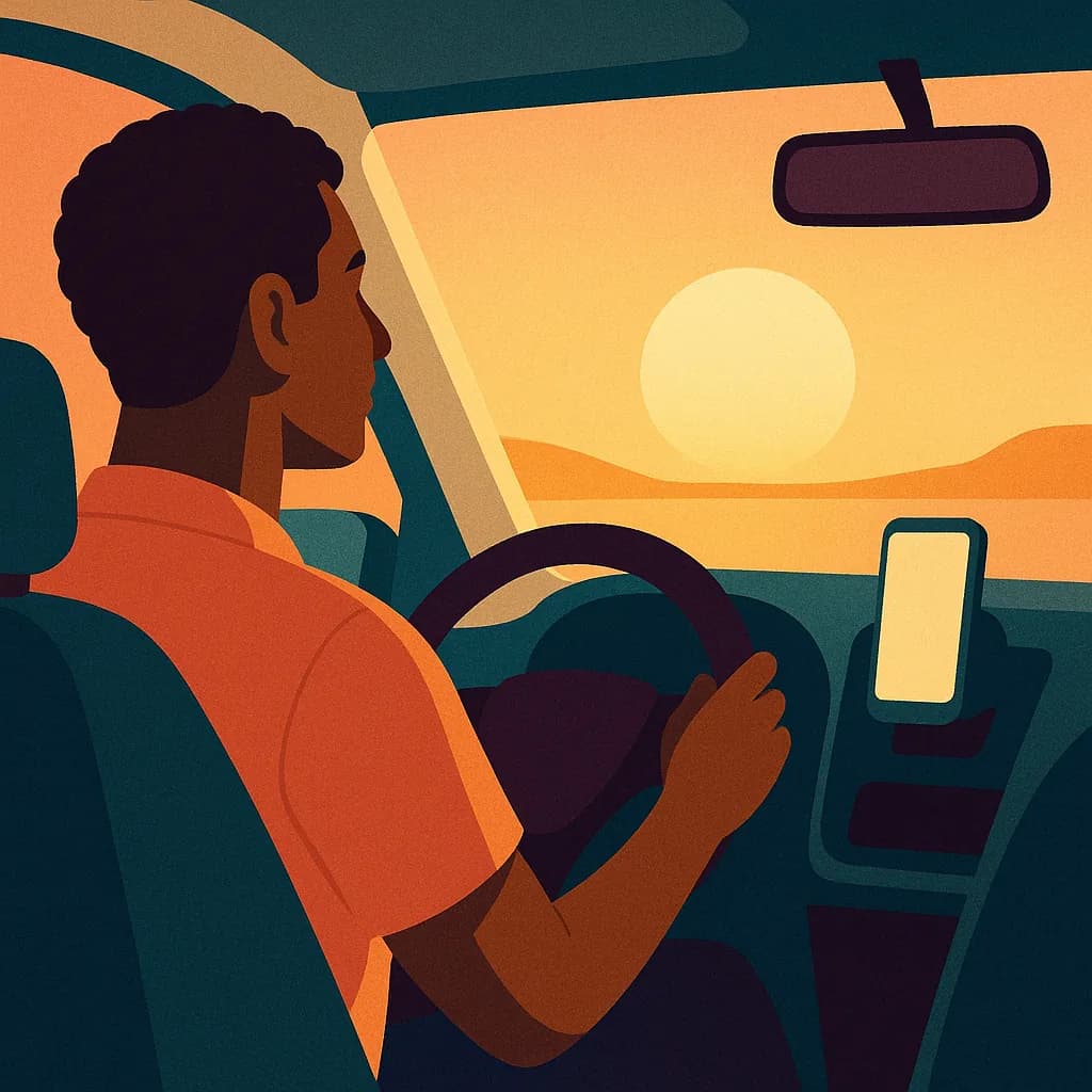 Ilustração de um motorista parceiro dirigindo ao pôr do sol