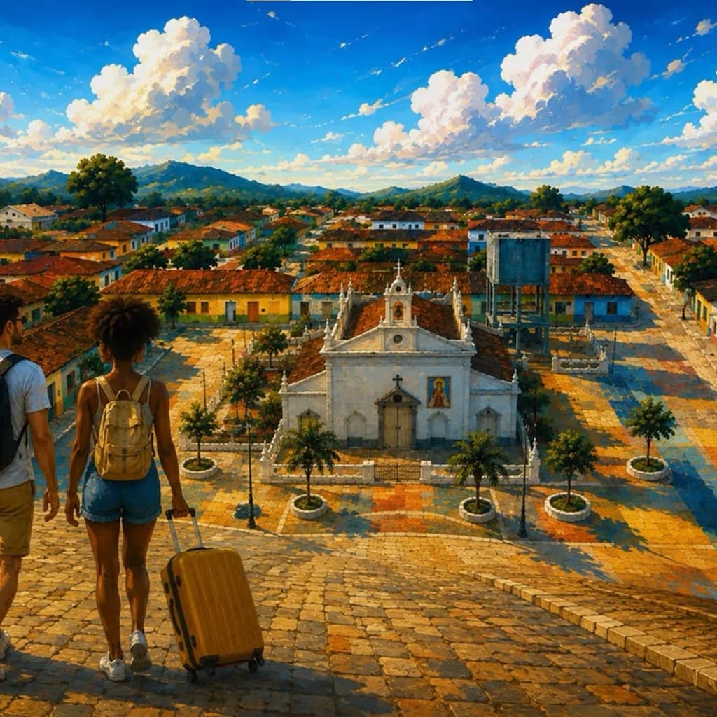 Ilustração de uma vila ensolarada vista de cima, com dois viajantes descendo uma rua de paralelepípedos rumo a uma igreja branca, casarões coloridos de telhas de baralho e montanhas ao fundo