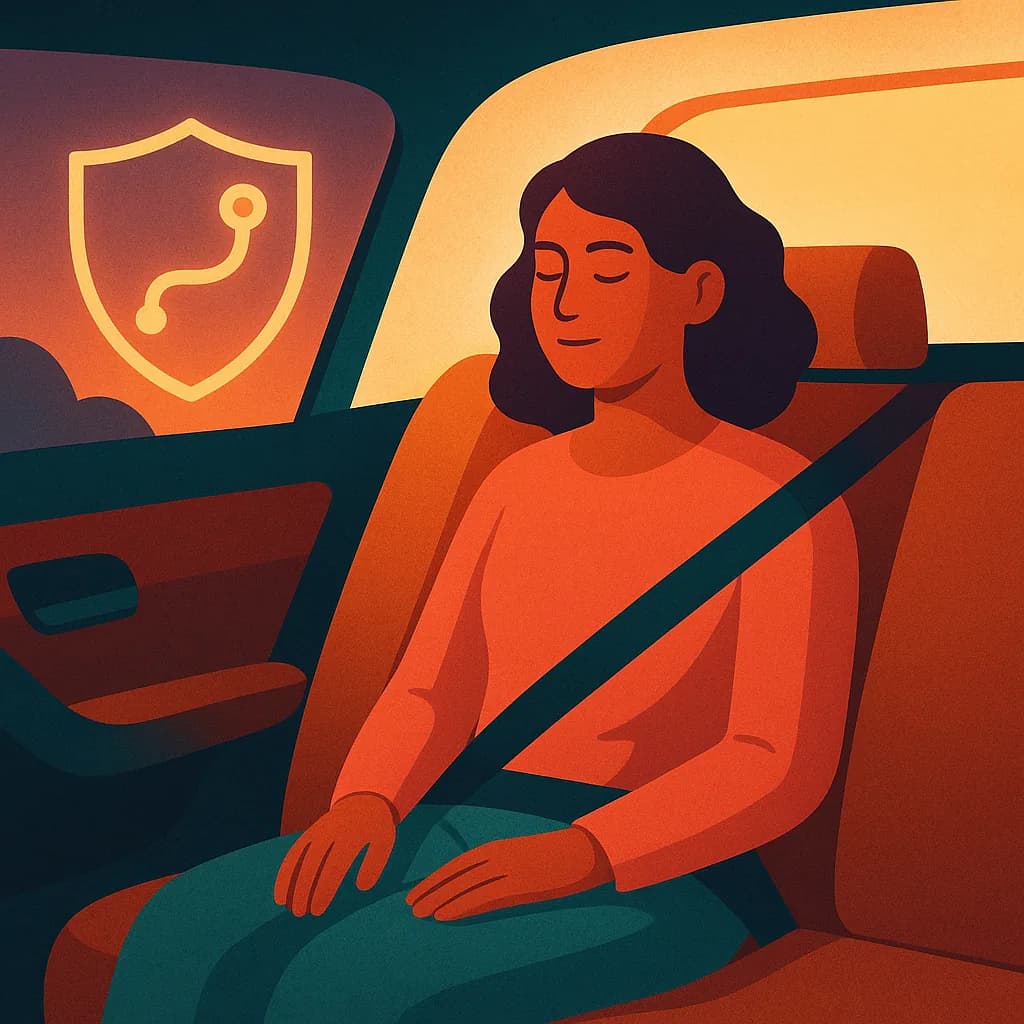 Ilustração de uma passageira tranquila no banco de trás, com cinto de segurança afivelado